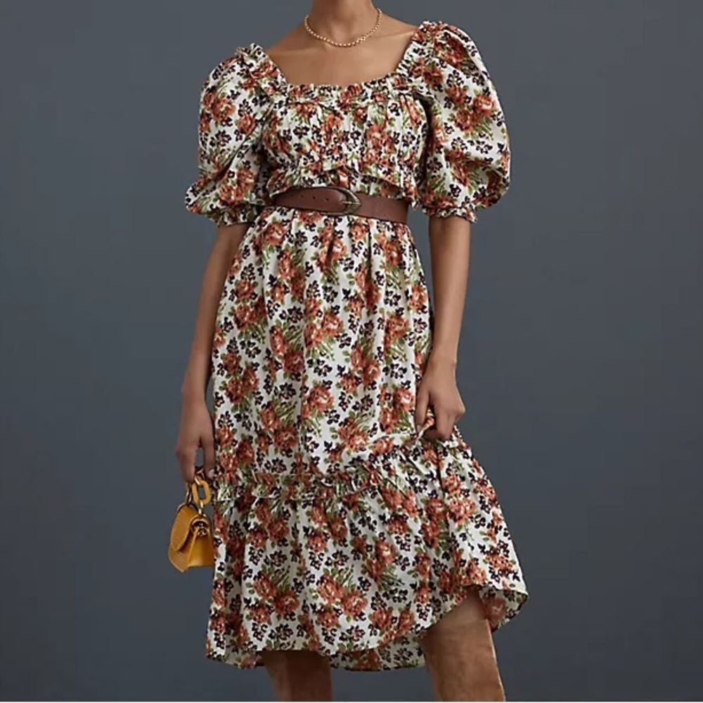 Love The Label Midi Dress Cream Orange Floral Puff Sleeve - Small